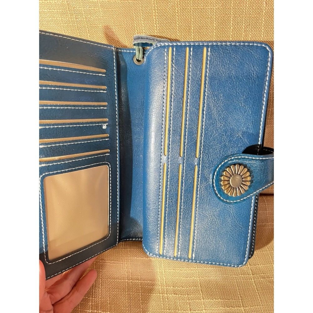 Insifeel Teal Blue Organizer Wallet Flower Snap Zip Around Wristlet 7.5x4.5 - Picture 6 of 14